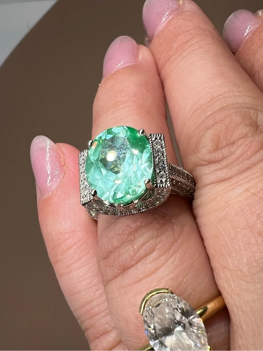 Vanna K Green Gemstone Sterling silver Halo Cocktail Ring